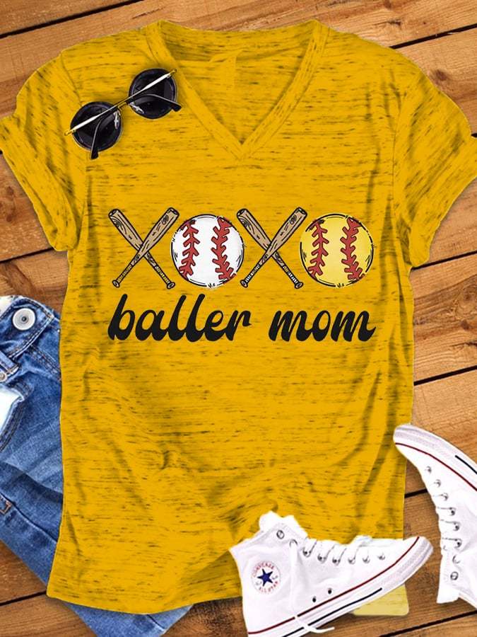 Women's Baller Mom Softball  Print V-Neck Casual T-Shirt