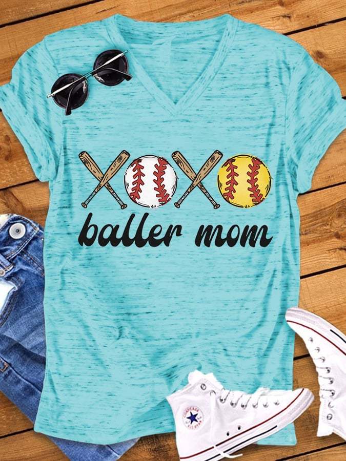 Women's Baller Mom Softball  Print V-Neck Casual T-Shirt