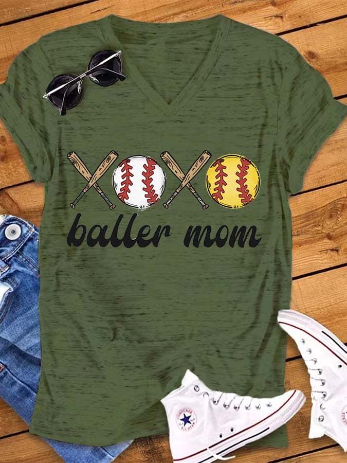 Women's Baller Mom Softball  Print V-Neck Casual T-Shirt
