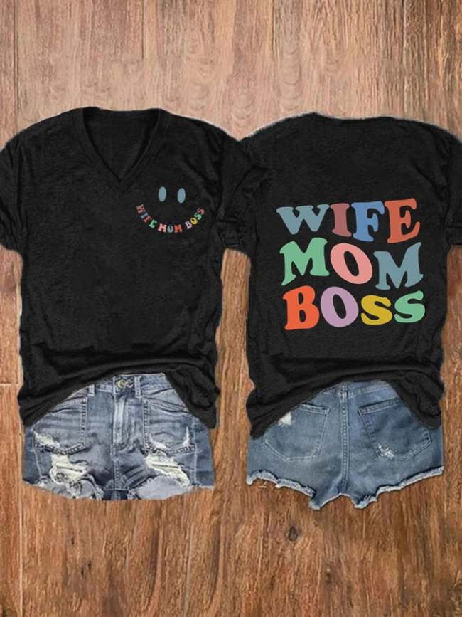 Women's Cool Moms Club, Wife Mom Boss Print Casual T-Shirt