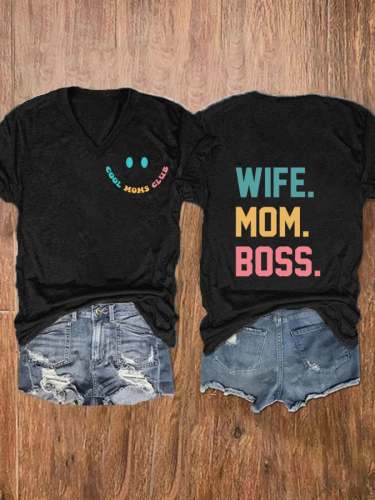 Women's Cool Moms Club, Wife Mom Boss Print Casual T-Shirt