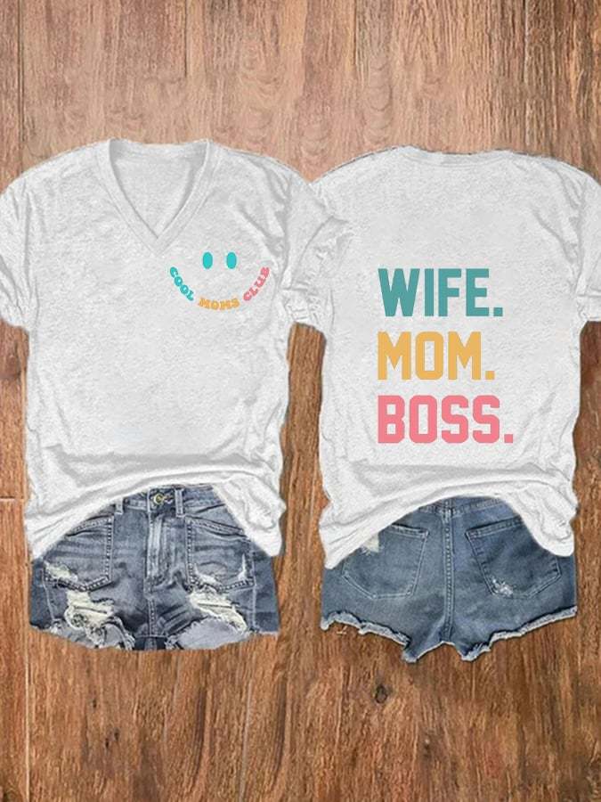 Women's Cool Moms Club, Wife Mom Boss Print Casual T-Shirt