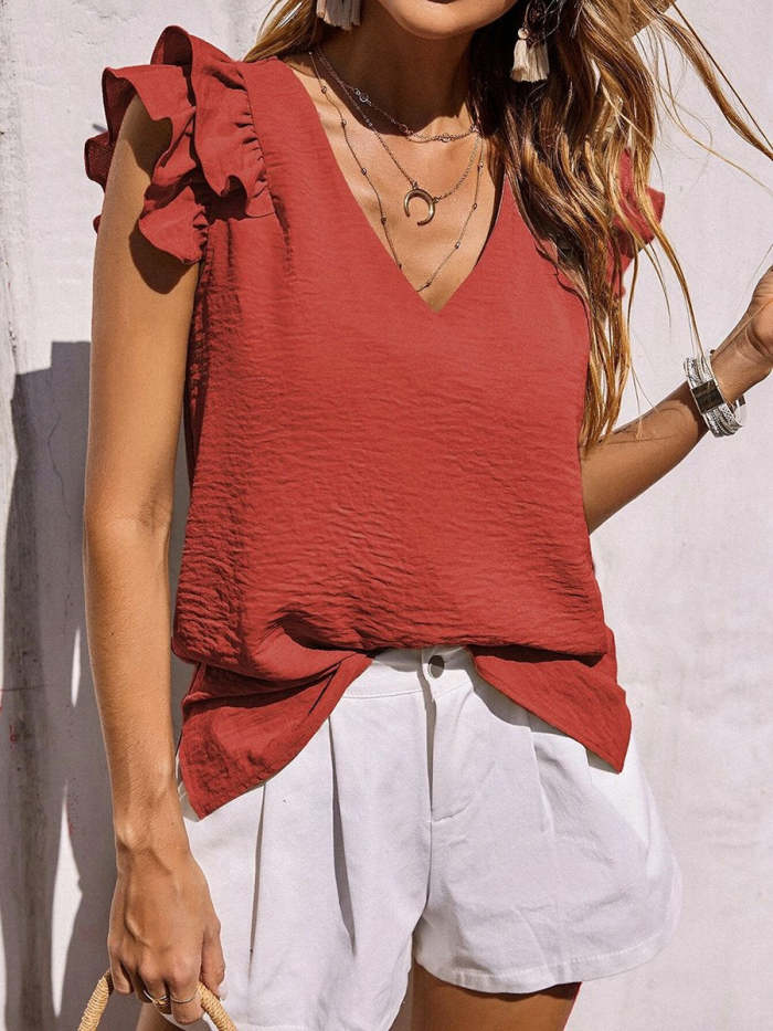 V Neck Ruffle Tank Loose Going Out Tops For Women