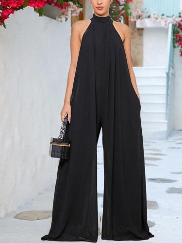 Black Halter Chiffon Loose Straight Jumpsuit