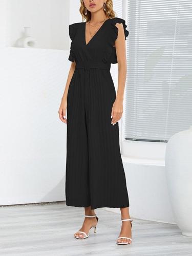 Black V-Neck Pleated Petal Sleeve Belted Straight Jumpsuits