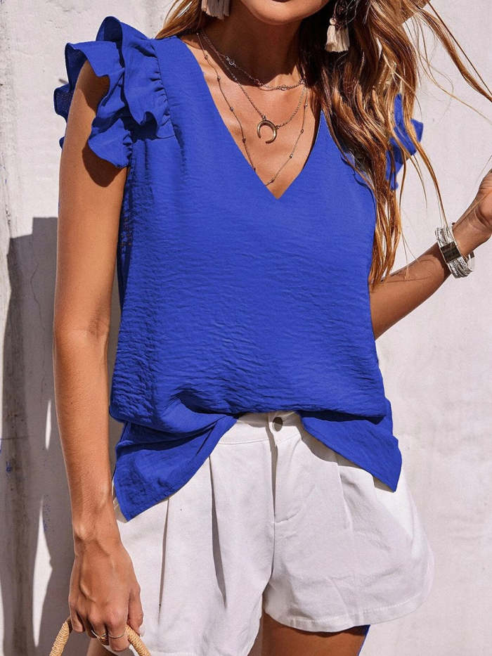 V Neck Ruffle Tank Loose Going Out Tops For Women