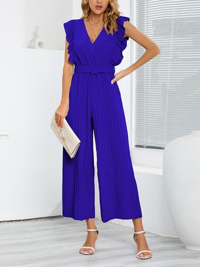 Black V-Neck Pleated Petal Sleeve Belted Straight Jumpsuits