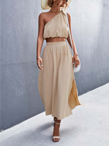 Oblique Shoulder Lace-Up Vest Split Skirt Suit For Women