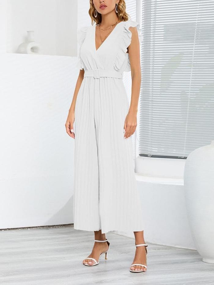 Black V-Neck Pleated Petal Sleeve Belted Straight Jumpsuits