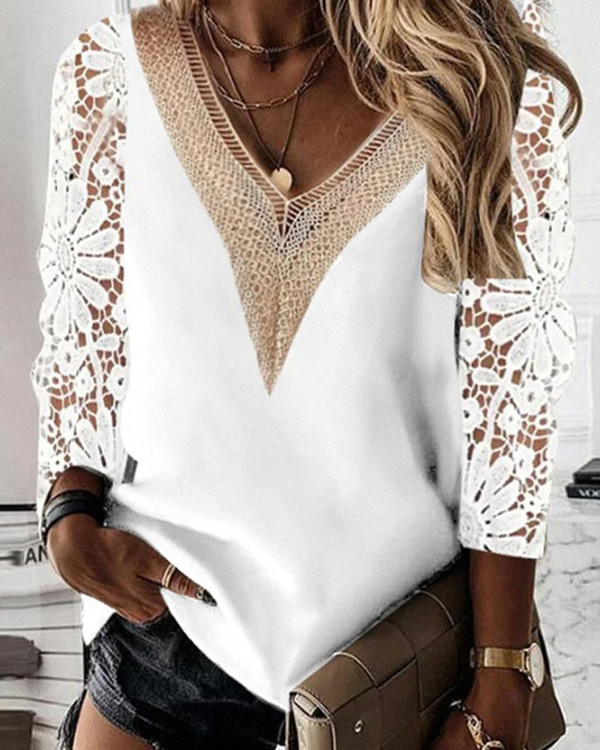 Elegant V-neck Stitching Hollow Lace Chiffon Top