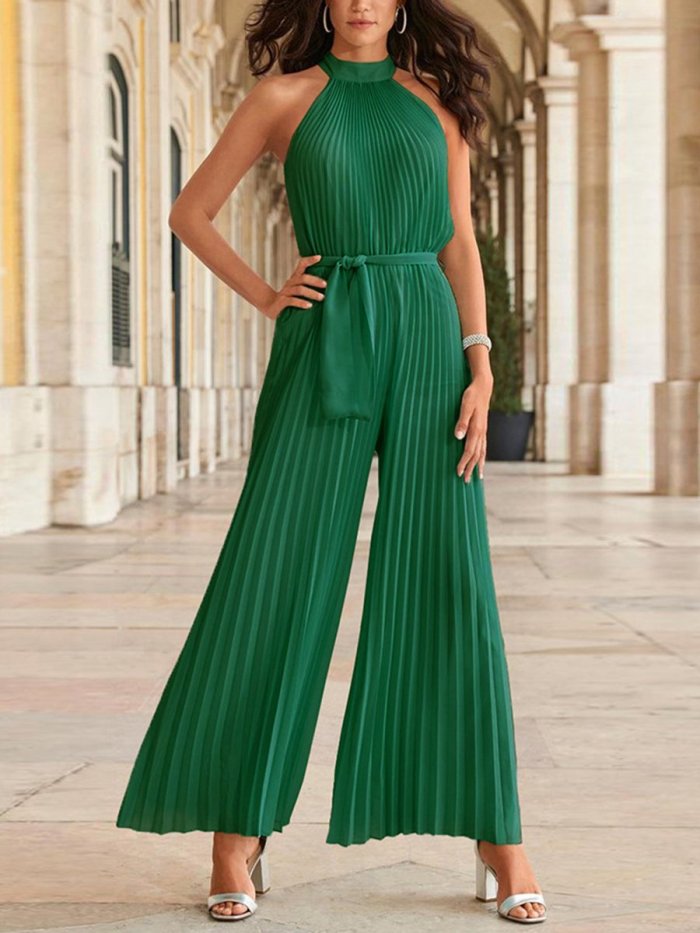 Pleated Hanging Neck Wide Leg Dressy Jumpsuits For Women