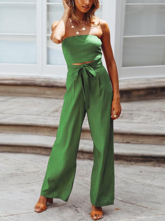 Off-shoulder Belted High-Waist Straight Jumpsuits For Women