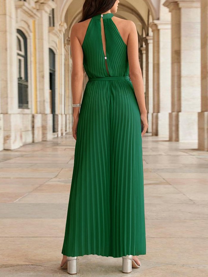 Pleated Hanging Neck Wide Leg Dressy Jumpsuits For Women