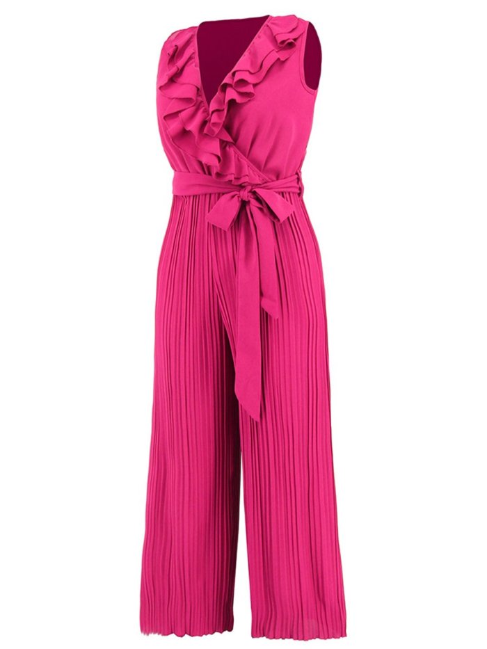 Ruffle Trim Belted Pleated Dressy Jumpsuits For Women