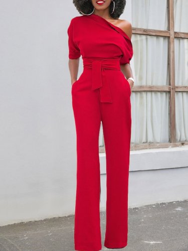 Sloping Shoulder Short Sleeveless Belted Jumpsuit