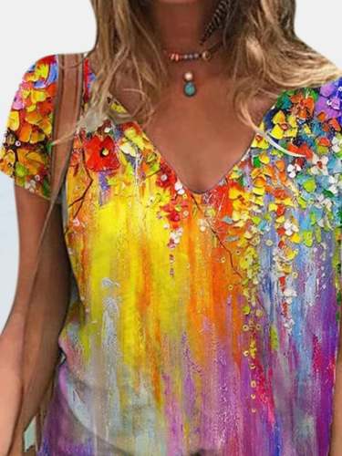 Women'S Floral Art Print Tie Dye V-Neck T-Shirt