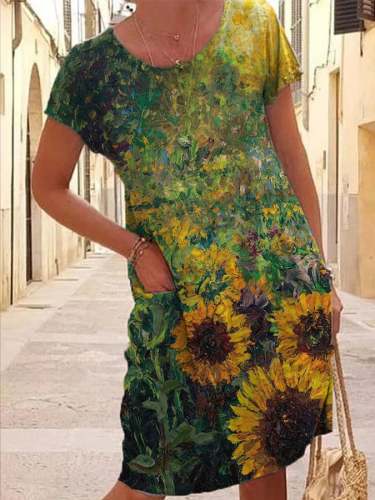 Women's Oil Painting Sunflower Print Pocket Dress