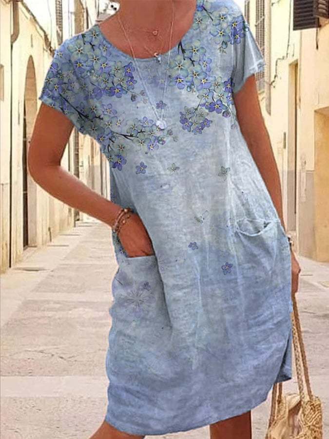 Women's Art Flower Print Pocket Dress