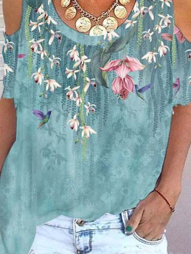 Women's Vintage Floral Print Off Shoulder Short Sleeve T-Shirt