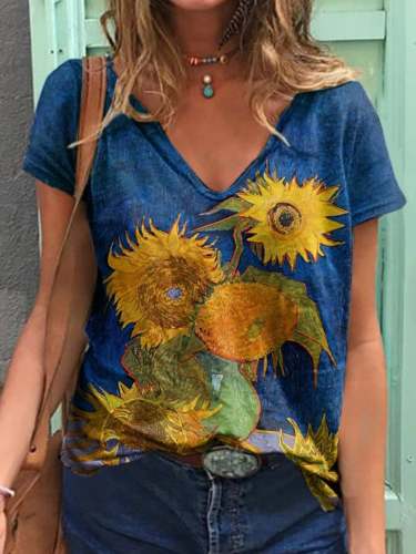 Women's World Famous Painter Oil Painting Sunflower Print V-Neck Short Sleeve T-Shirt