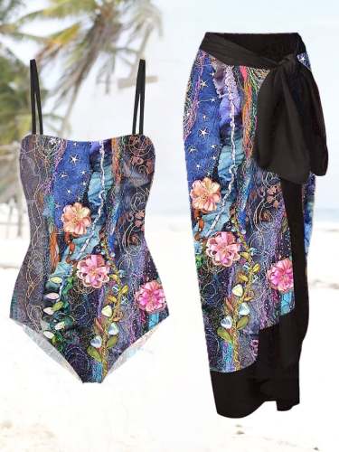 Vintage Floral Print Swimsuit And Apron