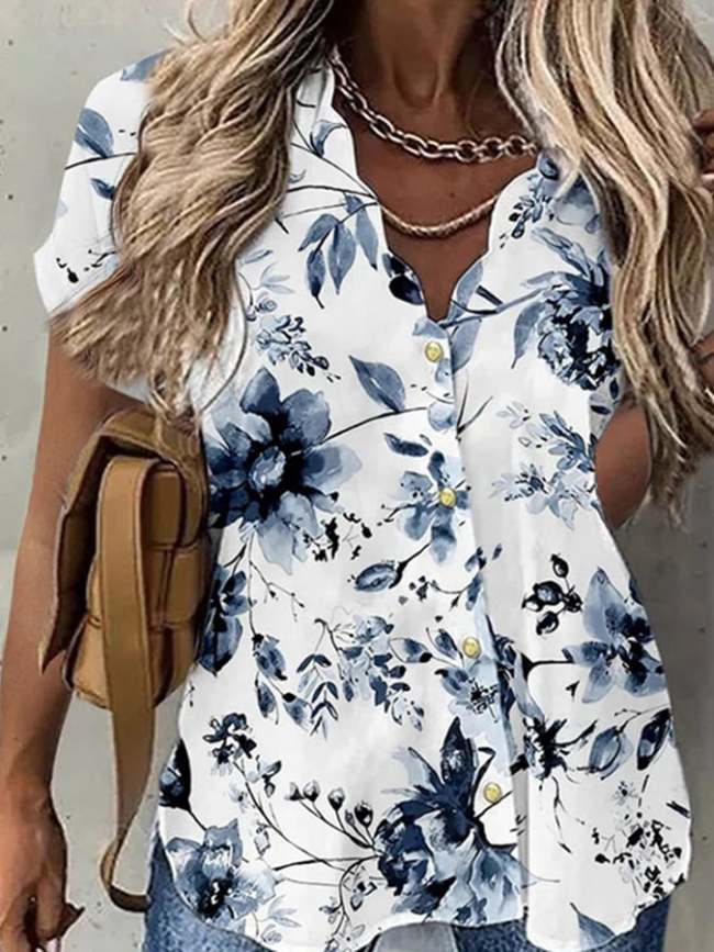 Wave Neck Short Sleeve Printed Button Shirt