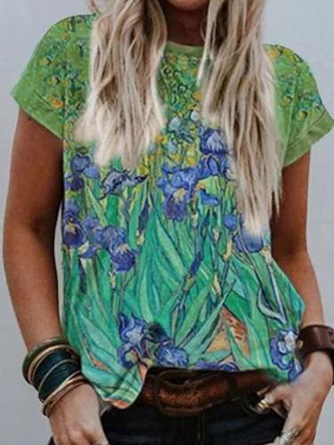 Women's World Famous Painter Iris Oil Painting Short Sleeve T-Shirt