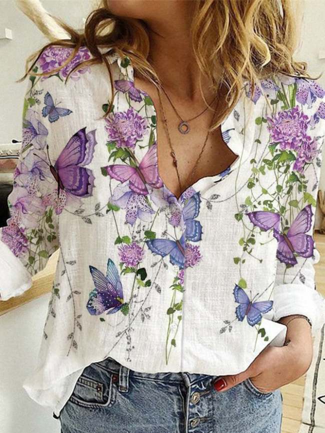 Women's pring Summer Floral Butterfly Print Shirt