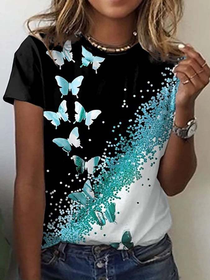 Women's Butterfly Flower Printed Round Neck Casual T-shirt