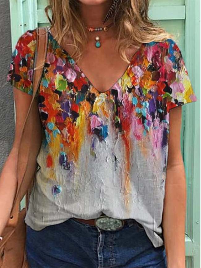 Women's Color Oil Painting V-Neck Casual T-Shirt