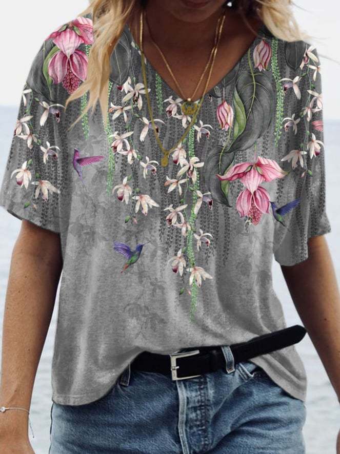 Floral Art Print Tie Dye V-Neck T-Shirt