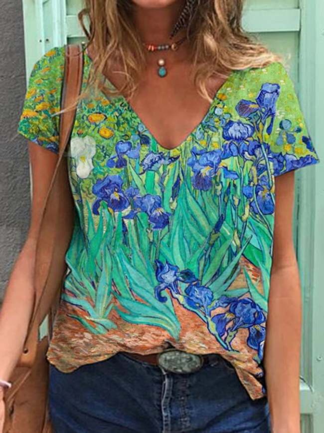 Women's World Famous Painter Iris Oil Painting V-Neck Short Sleeve T-Shirt