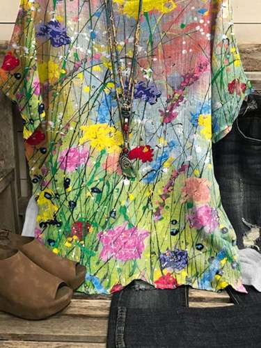 Casual Floral Painting Print Tops