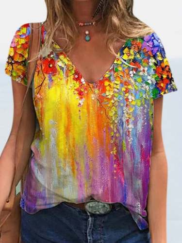 Women'S Floral Art Print Tie Dye V-Neck T-Shirt