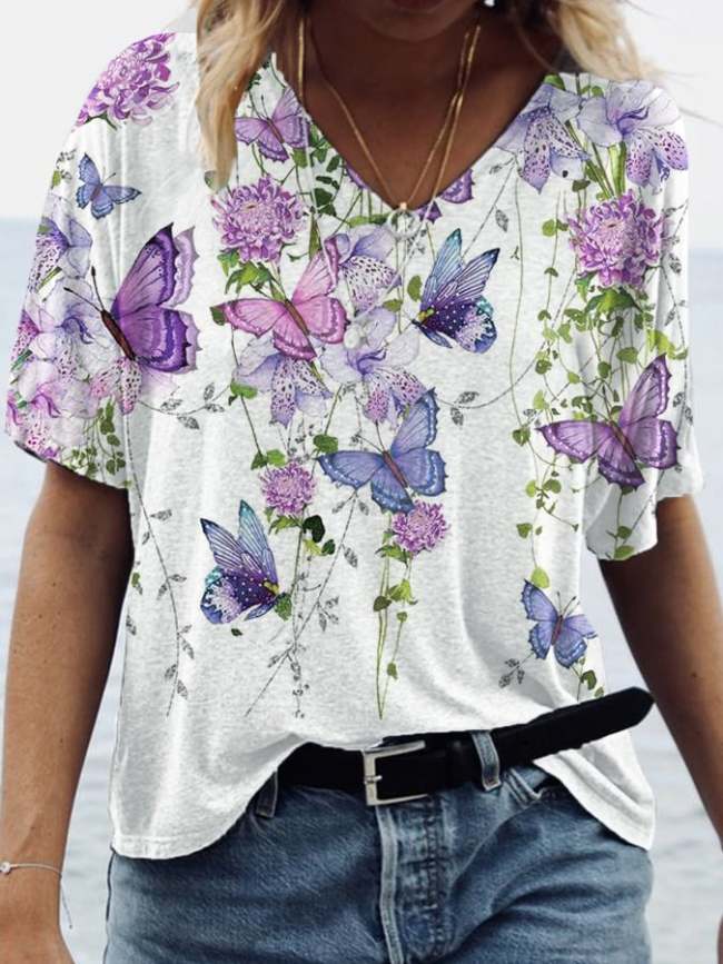 Women's Floral Print V Neck T-Shirt