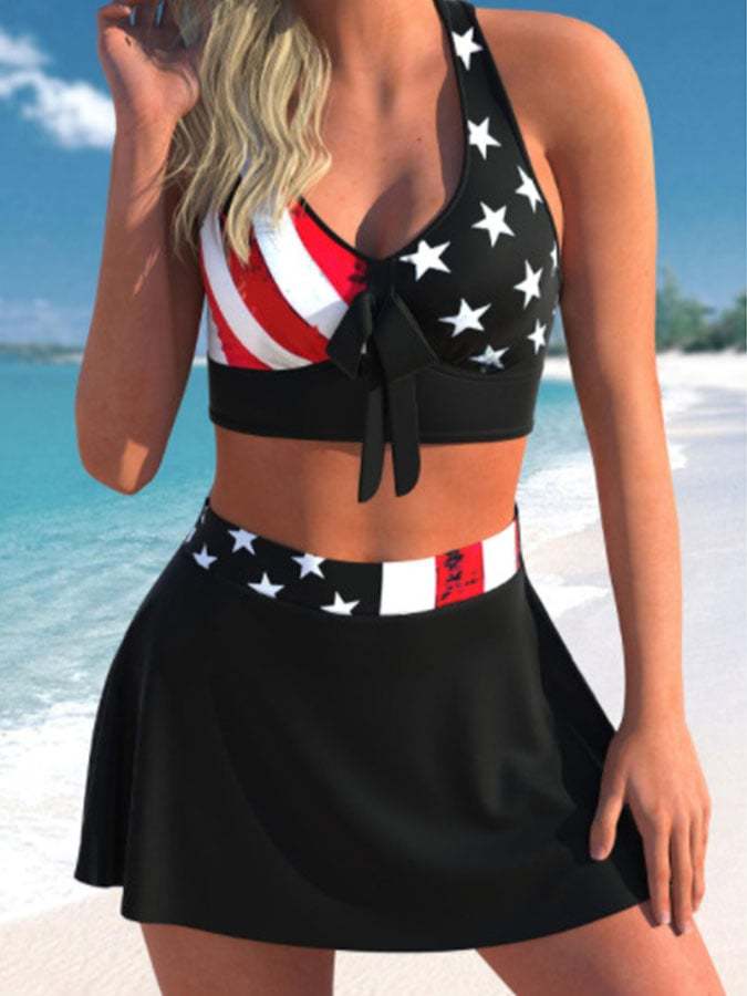 Split Conservative Skirt Print Swimsuit