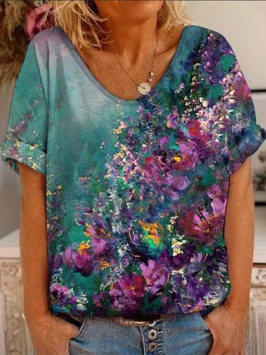 Women's Oil Painting Casual V-Neck Loose T-Shirt