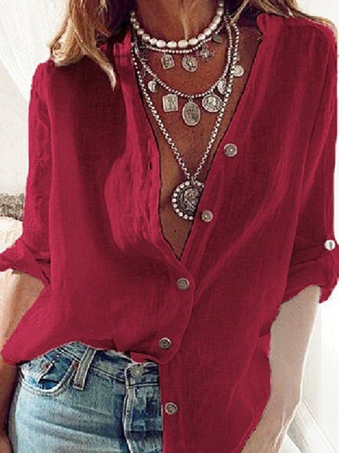 Ladies Cotton Linen Solid Color Pull-Sleeve Loose V-Neck Long-Sleeve Shirt