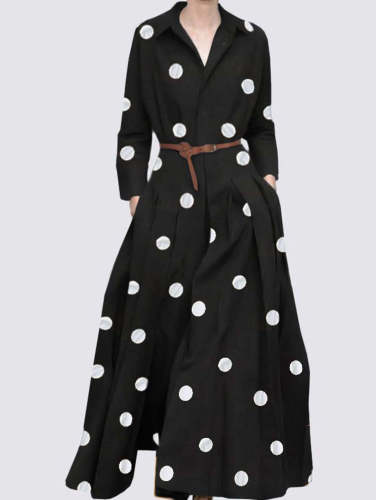 Women Polka Dot Print Lapel Belted Pocket Dress