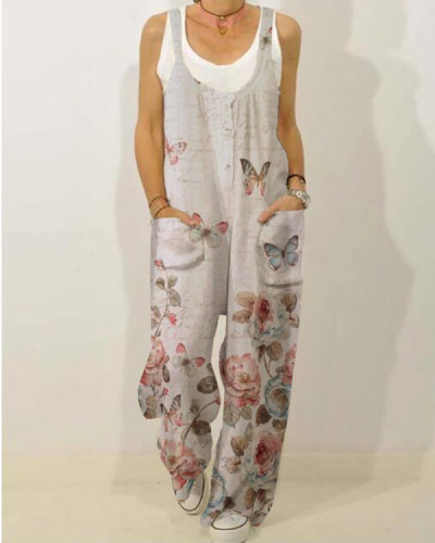 Casual Butterfly Daisy Pocket Casual Comfort Jumpsuit