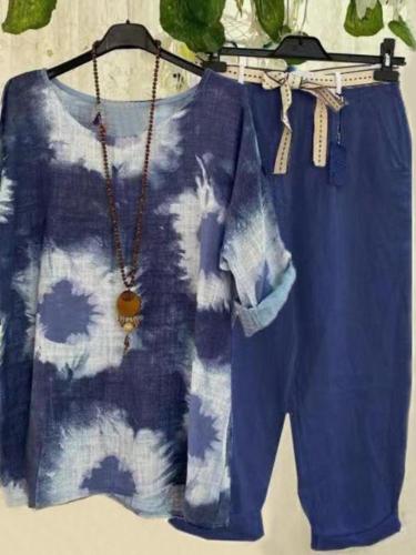 Blue Printed Top And Pants Two-Piece Set
