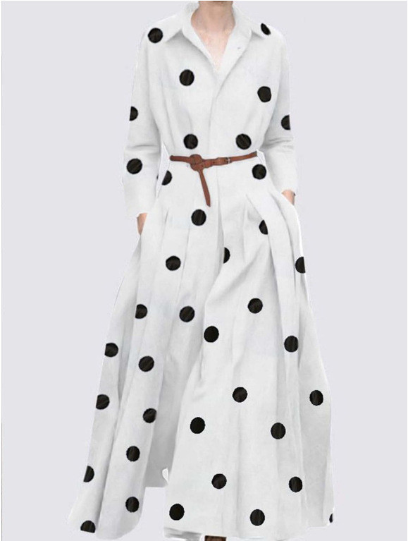 Women Polka Dot Print Lapel Belted Pocket Dress