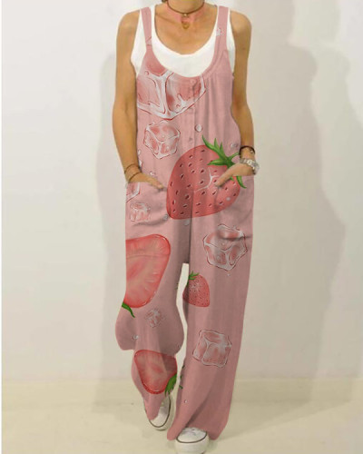 Cute Strawberry Pocket Casual Comfort Jumpsuit