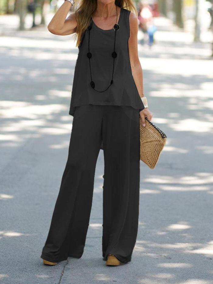 Casual Solid Color Sleeveless Top And Wide Leg Pants