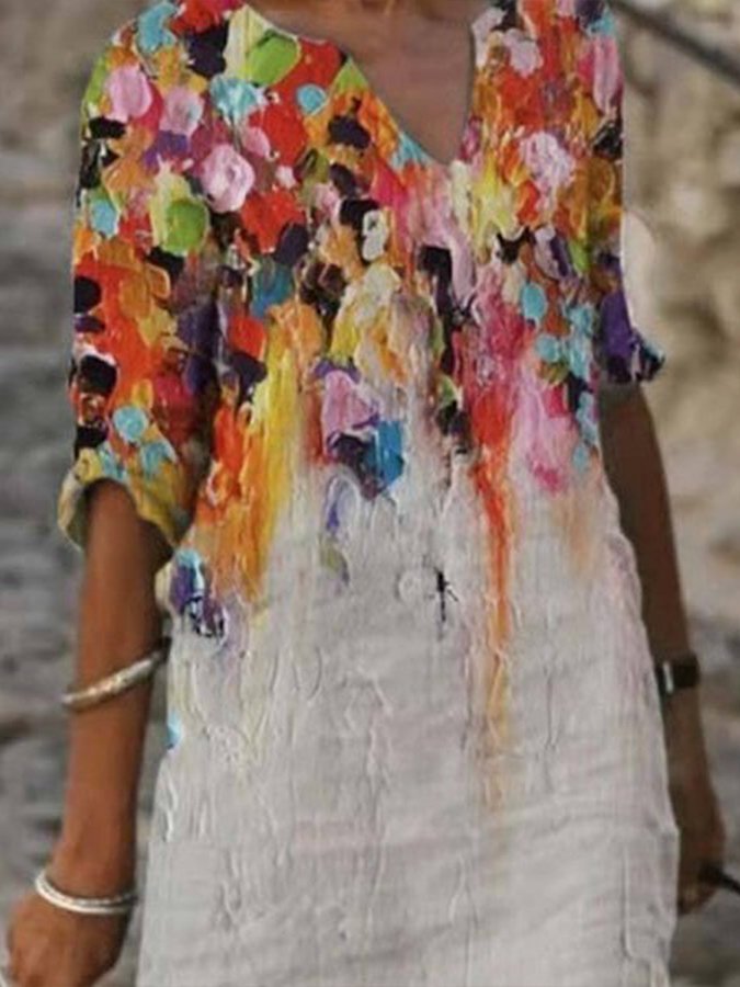 Women's Cotton Linen Oil Painting Print V-Neck Shift Dress