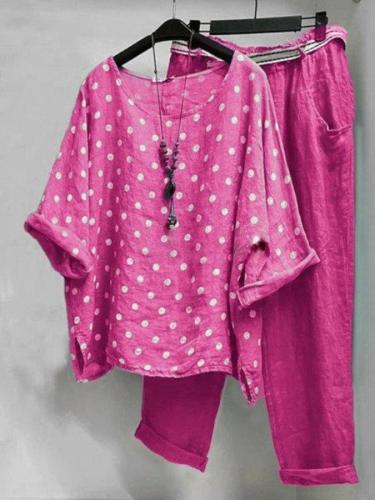 Women's Polka Dots Printed Cotton And Linen Two Pieces Suit