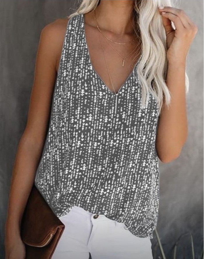 V-neck Printed Color Sleeveless Vest Top