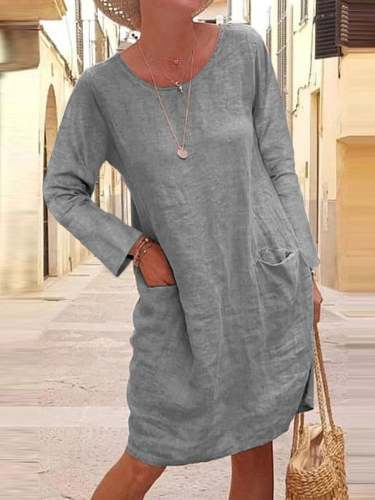 Women's Solid Color Pocket Long Sleeve Round Neck Cotton Linen Dress