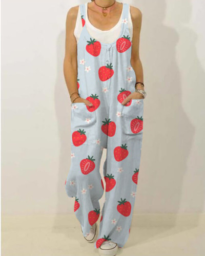 Cute Strawberry Pocket Casual Comfort Jumpsuit