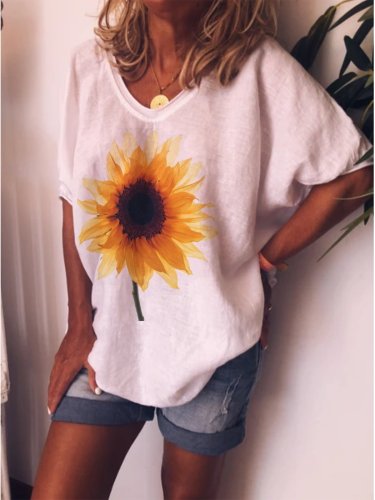 LOOSE CASUAL SUNFLOWER PRINT SHORT SLEEVE ROUND NECK T-SHIRT